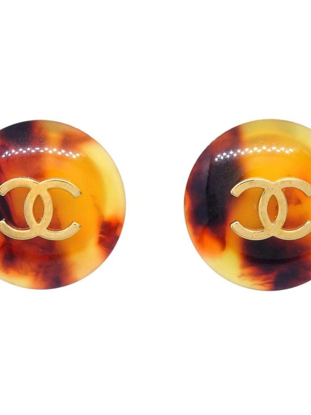 Chanel Button Clip-On Earrings Gold Brown Artificial Tortoiseshell 97P 197238